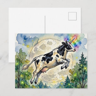 Carte Postale Vache laitière sautante Licorne et la Lune