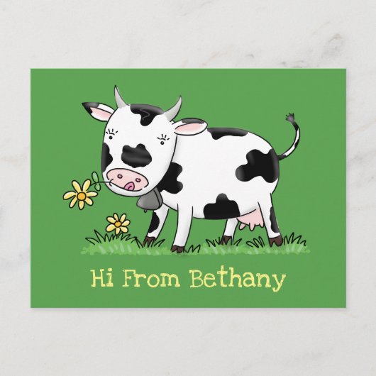 Carte Postale Vache mignonne en vert dessin animé sur le terrain (Devant)