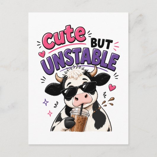 Carte Postale Vache mignonne mais instable avec café glacé (Devant)