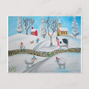 Carte Postale vache mouton hiver neige scène naïve folk art