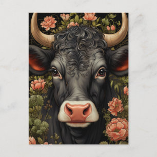 Carte Postale Vache noire aux cheveux bouclés dans les fleurs