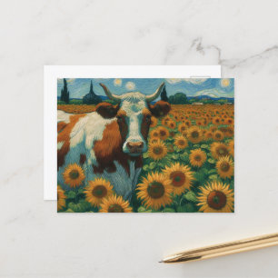 Carte Postale Vache tachetée Brown dans le champ de tournesol de