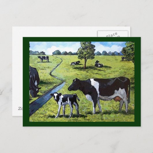 Carte Postale VACHES DE HOLSTEIN À PASTURE : Art Peint À La Main (Devant / Derrière)