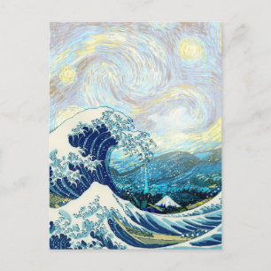 CARTE POSTALE VAGUE DE KANAGAWA SUR FOND DE NUIT ÉTOILÉE