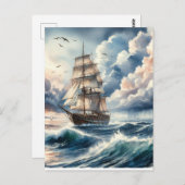 Carte Postale Vague de l'océan bleu Bateau Aquarelle (Devant / Derrière)