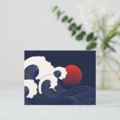 Carte Postale Vague japonaise bleu marine avec dessin de la Lune (Debout devant)
