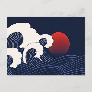 Carte Postale Vague japonaise bleu marine avec dessin de la Lune
