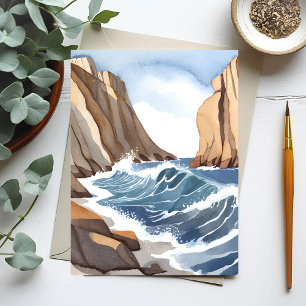 Carte Postale Vagues de l'océan se brisant   Aquarelle de plage 