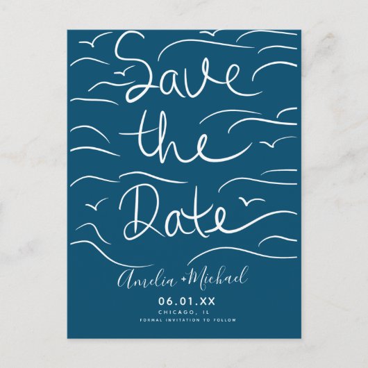 Carte Postale Vagues de plage Script tiré à la main Enregistrer  (Devant)