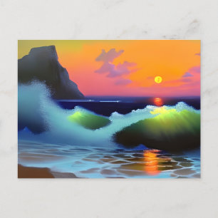 Carte Postale Vagues océaniques dramatiques et coucher de soleil
