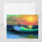 Carte Postale Vagues océaniques dramatiques et reflet de coucher (Devant / Derrière)