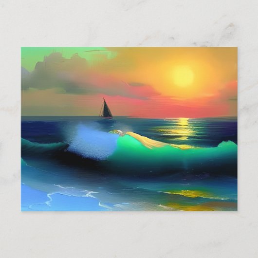 Carte Postale Vagues océaniques dramatiques et reflet de coucher (Devant)