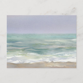 Carte Postale Vagues vert de mer et ciel lavande Aquarelle