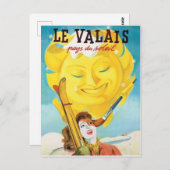 Carte Postale Valais, Femme avec ski sous soleil (Devant / Derrière)