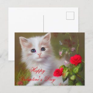 Carte Postale Valentin chaton mignon et roses