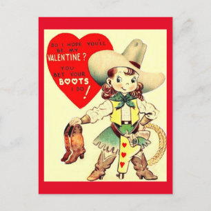 Carte Postale Valentin des années 1950, vintage Cowgirl & Boots
