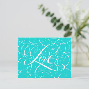 Carte Postale Valentine Calligraphie Amour Coeur Turquoise Aqua 