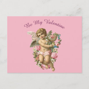 Carte Postale Valentine Cherub Avec Fleurs Sur Un Arrière - plan