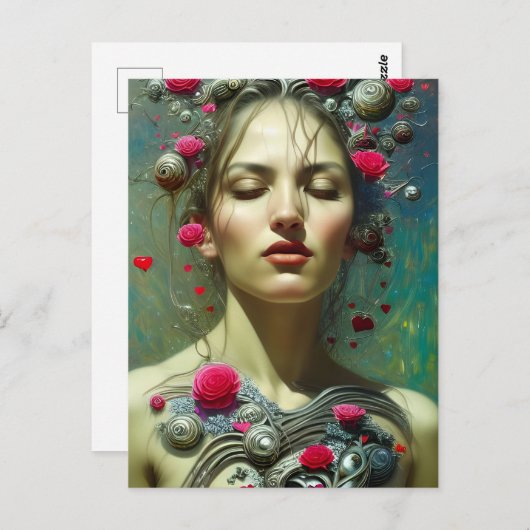 Carte Postale Valentine déesse Coeurs roses Fleurs (Devant / Derrière)