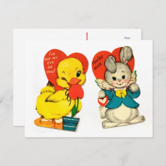 Carte postale Valentine pour enfant canard et lapi (Devant / Derrière)