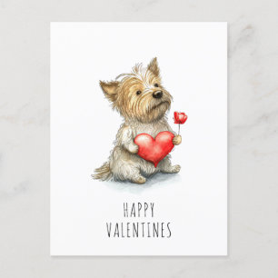 Carte Postale Valentines Jour Chien tenant Coeur Aquarelle Douce