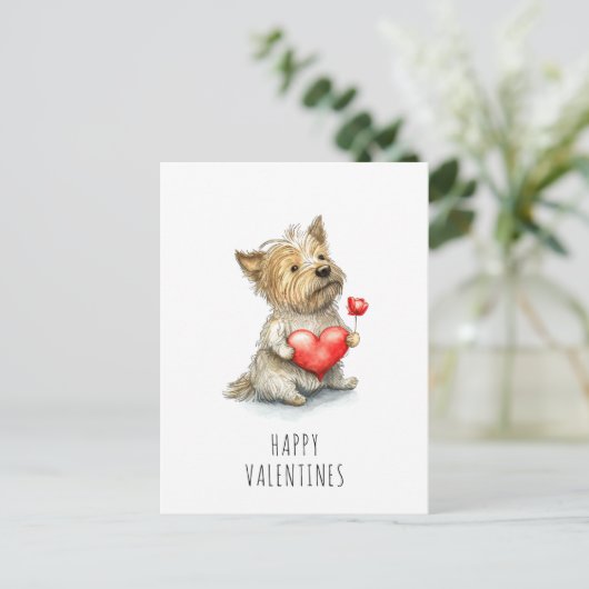 Carte Postale Valentines Jour Chien tenant Coeur Aquarelle Douce (Debout devant)