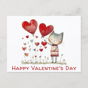 Carte Postale Valentines Jour Cute Chat Coeurs Aquarelle
