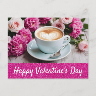 Carte Postale Valentines Jour Rose Floral Cappuccino Café Coeur