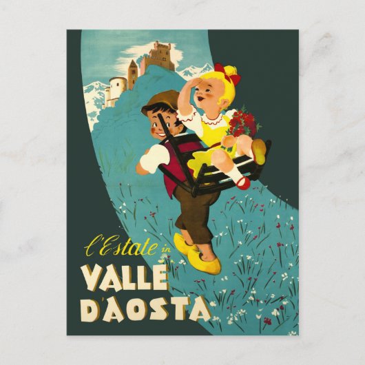 Carte Postale Vallée d'Aoste, garçon et fille faisant de la rand (Devant)