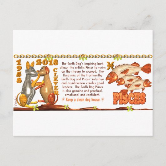 Carte Postale ValxArt Zodiac Earth Dog Pisces né 1958 2018 (Devant)