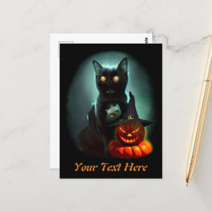 Carte Postale Vampire Chat et Assistant Citrouille Halloween Sur
