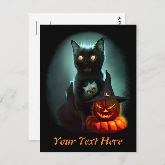 Carte Postale Vampire Chat et Assistant Citrouille Halloween Sur (Devant / Derrière)