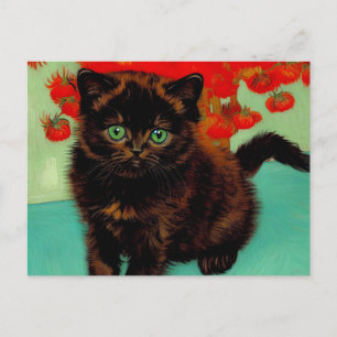 Carte Postale Van Gogh Chat noir Fleurs rouges