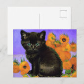 Carte Postale Van Gogh Kitten noir avec des tournesols (Devant / Derrière)
