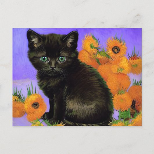 Carte Postale Van Gogh Kitten noir avec des tournesols (Devant)