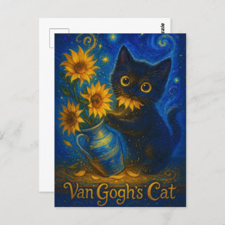 Carte Postale Van Gogh Starry Nuit Chat noir avec des tournesols