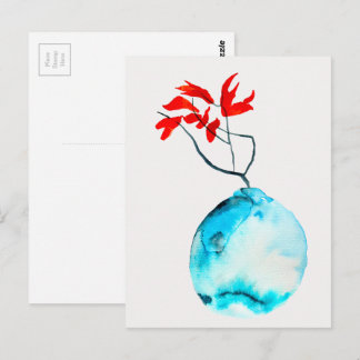 Carte Postale Vase bleu Ikebana aquarelle art