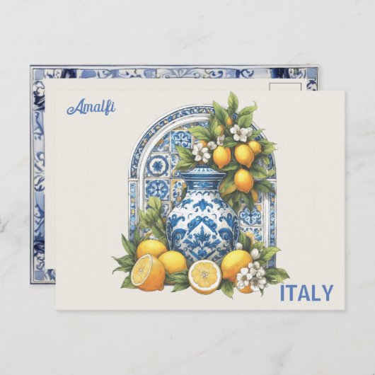 Carte Postale Vase citron blanc et bleu Amalfi en céramique Ital (Devant / Derrière)