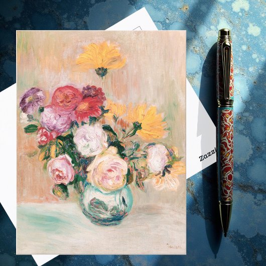 Carte Postale Vase De Roses Et Dahlias, Renoir