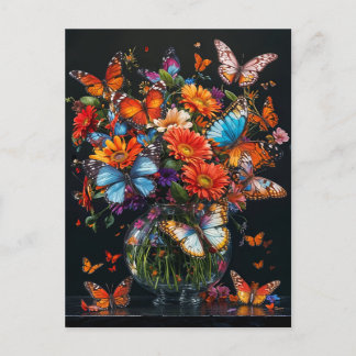 Carte Postale Vase en verre avec papillons et fleurs colorés.