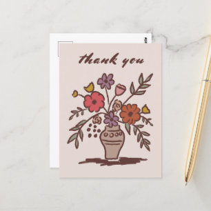 Carte Postale Vase Floral Rustique Fantaisiste Croquis Merci