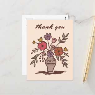 Carte Postale Vase florale Rustique Whimsical Sketch Merci