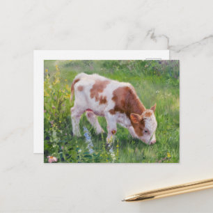 Carte Postale Veau Bébé Mignon dans un Champ de Fleurs, Style Cl