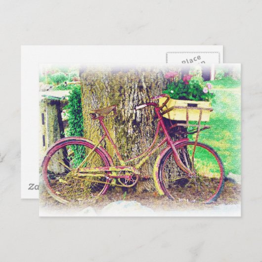 Carte Postale Vélo antique avec panier à fleurs (Devant / Derrière)