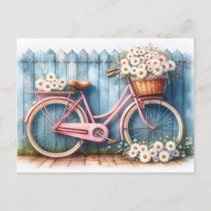 Carte Postale Vélo rose vintage avec marguerites