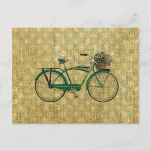 Carte Postale Vélo vert rétro avec panier à fleurs