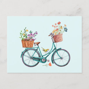 Carte Postale Vélo vintage aquarelle avec paniers de fleurs