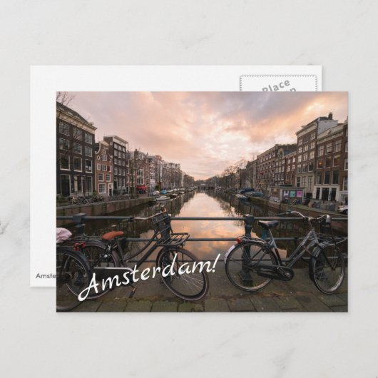 Carte Postale Vélos au coucher du soleil à Amsterdam (Devant / Derrière)