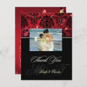 Carte Postale Velours rouge + Merci photo Coeurs Mariage damassé (Devant / Derrière)