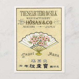 Carte Postale Ventilateur Vintage japonais Étiquette de soie
